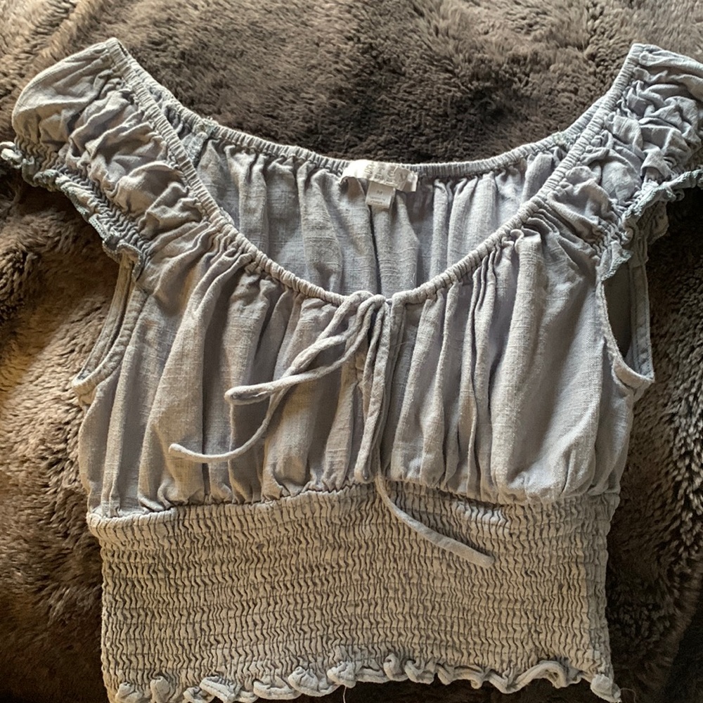 “Grey” light blue crop top medium